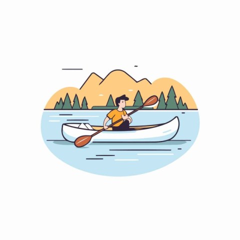 Man paddling in a kayak on the river. Flat style vector illustra