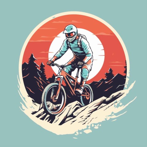 Mountain biker rides on the top of the mountain. vector illustra