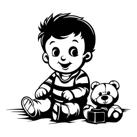 Boy playing with teddy bear. black and white vector illustration