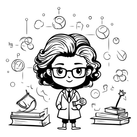 Black and White Cartoon Illustration of a Female Scientist or Pr