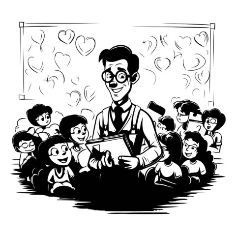 Teacher with a group of children. Black and white vector illustr