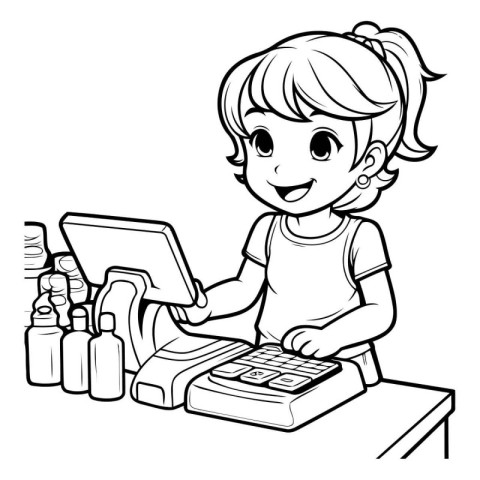 Black and White Cartoon Illustration of Little Girl Using Credit