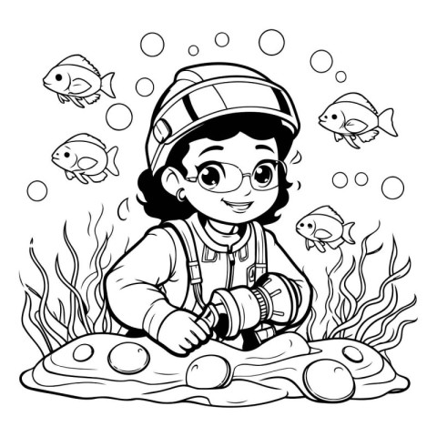 Cute little boy in the sea. Vector illustration for coloring boo