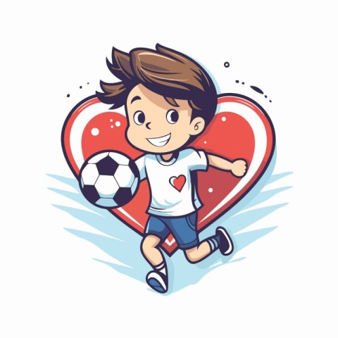 Cute boy playing soccer with heart and ball. Vector illustration