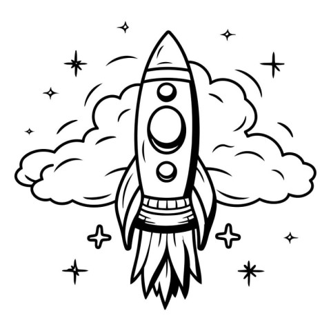 Coloring book for children: rocket in the clouds. Vector illustr