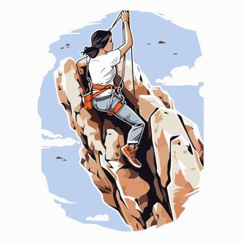 Illustration of a female rock climber climbing on a cliff.