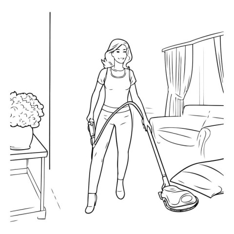 Vector illustration of a young woman vacuuming the living room.