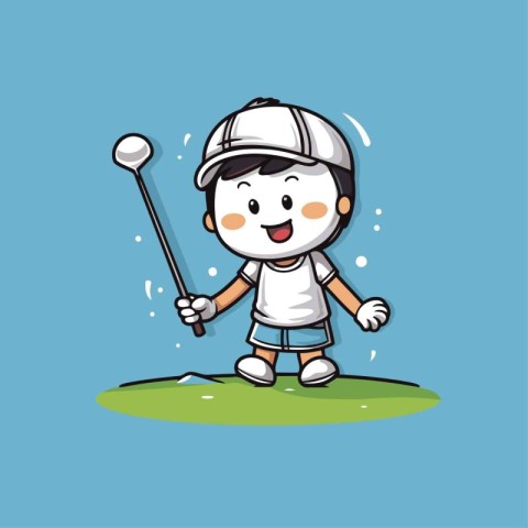 Cartoon golfer with golf club on golf course. Vector illustratio