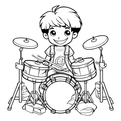 Cute boy playing drums. Black and white vector illustration for