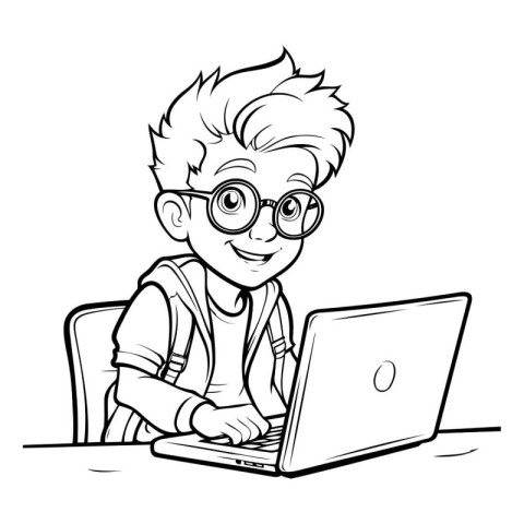 illustration of a boy with glasses and a laptop on a white backg