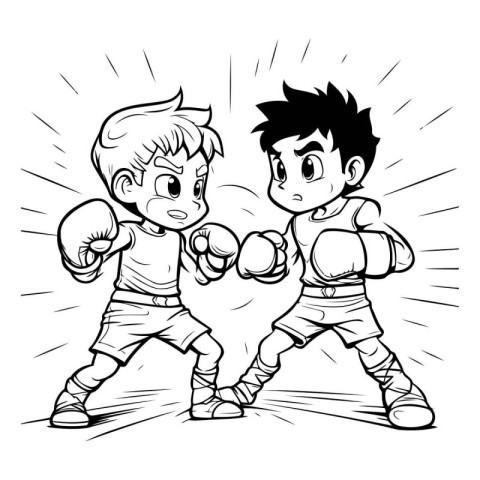 Boy and girl boxing - Black and White Cartoon Illustration. Vect