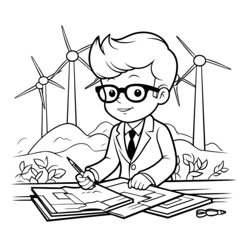 Black and White Cartoon Illustration of Businessman Working with