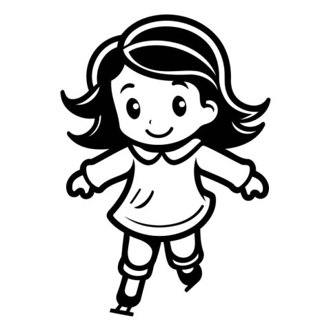 Black and White Cartoon Illustration of Cute Little Girl Skating