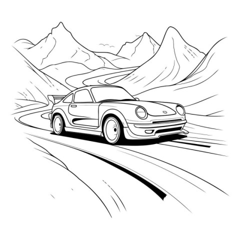 Car on the road. Vector illustration in black and white colors.