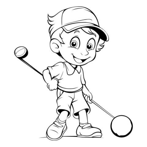 Little boy playing golf - black and white vector illustration fo