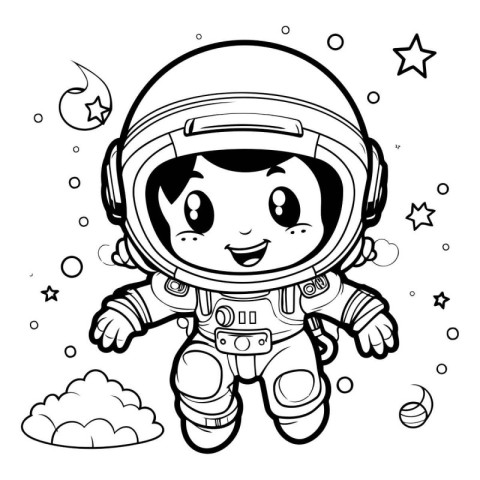 Black and White Cartoon Illustration of Cute Astronaut Character