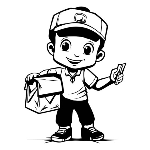 Cartoon delivery boy with a box of food. Vector illustration.