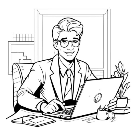 Businessman working with laptop in office. black and white vecto