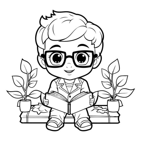 Cute boy reading a book. Vector illustration for coloring book.