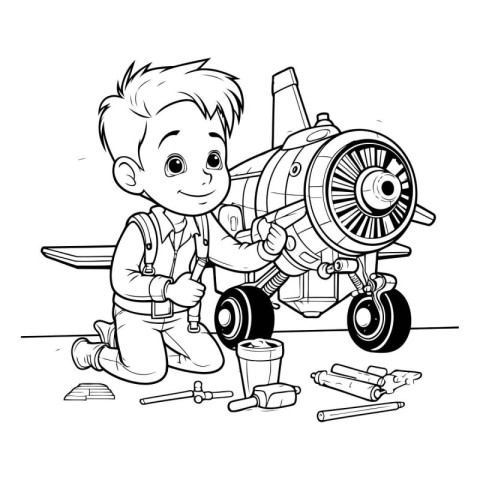 Boy repairing airplane. Vector illustration. Coloring book for c