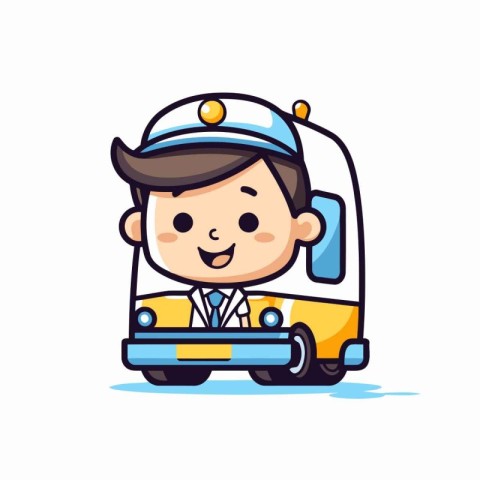 Cute boy driving a school bus. Vector flat cartoon illustration.