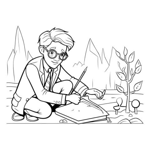 Outline of a scientist working on a field. Vector illustration.