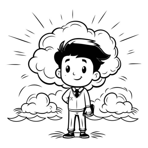 Black and White Cartoon Illustration of Kid Boy with Cloud and S