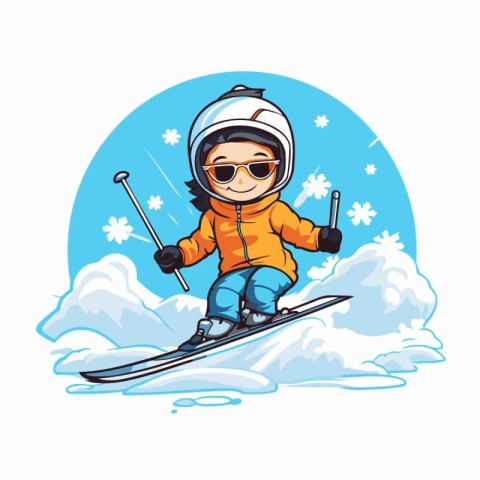 Little girl skier in the mountains. Cartoon style. Vector illust