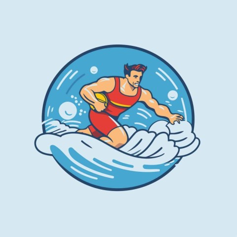 Vector illustration of a man surfing on the waves in the circle.