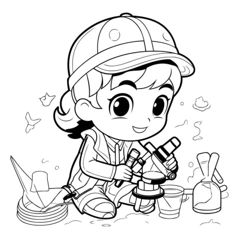 Black and White Cartoon Illustration of Cute Little Boy with Mic