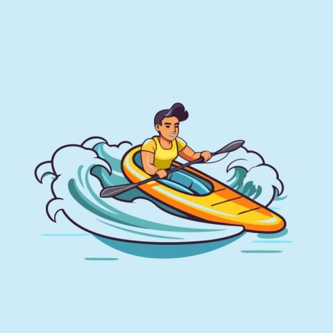 Man in a kayak on a blue background. Vector illustration.