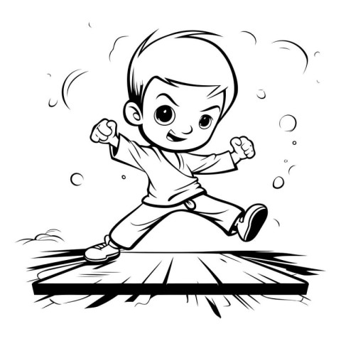 Cartoon illustration of a little boy jumping over a wooden plank