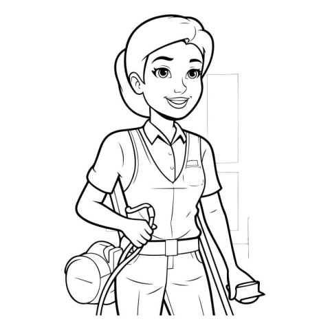 Black and White Cartoon Illustration of a Nurse with Crutches