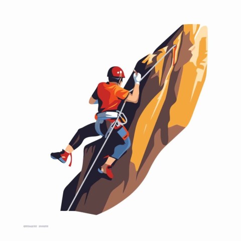 Male rock climber climbing on a rocky wall. Flat vector illustra