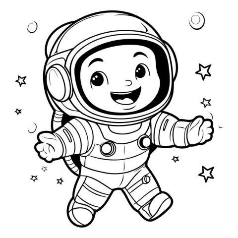 Cute cartoon astronaut in space suit. Black and white vector ill