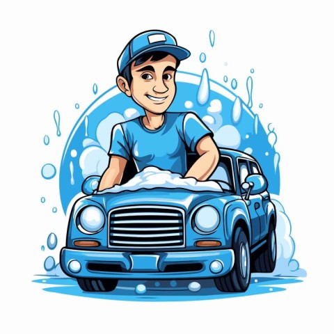 Vector illustration of a man washing his car with soap and water