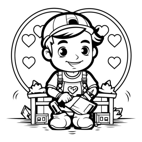 Black and White Cartoon Illustration of Little Boy Builder Holdi