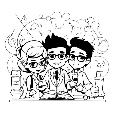 Teacher and students in classroom. Black and white vector illust