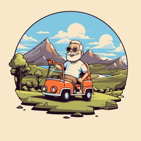 Old man driving a retro car in the mountains. Vector illustratio