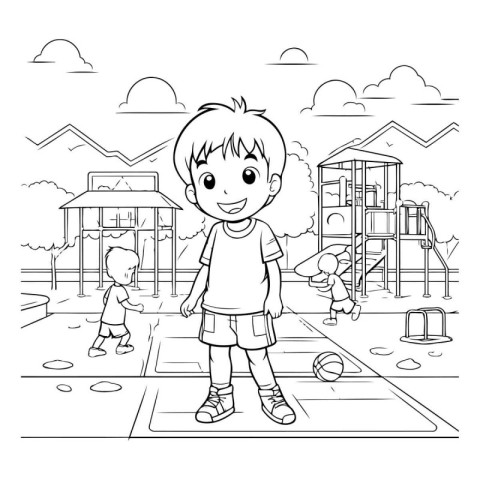 Little boy playing on playground cartoon in black and white vect