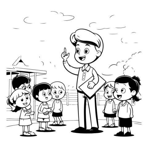 Teacher with students in the park. black and white vector illust