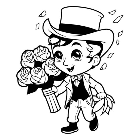 Black and White Cartoon Illustration of a Kid Boy with a Bouquet