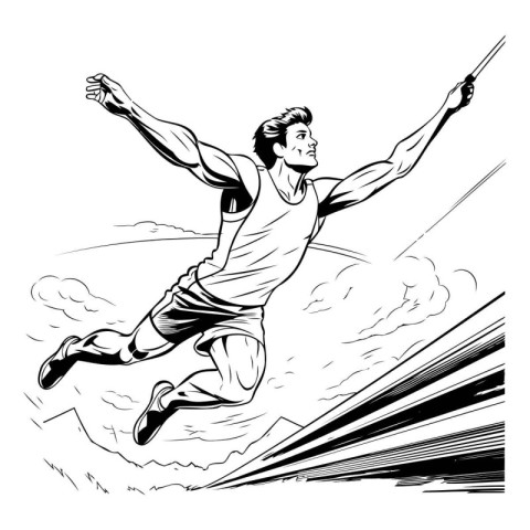 Football player jumping with a bat. Black and white vector illus