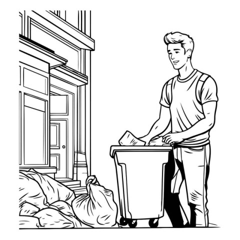 Man throwing garbage into trash can. Black and white vector illu