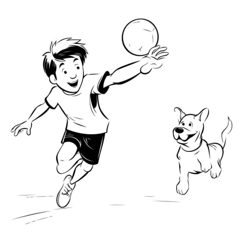 young boy playing soccer with his dog. black and white vector il