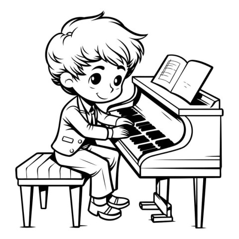 Boy Playing Piano - Black and White Cartoon Illustration. Isolat