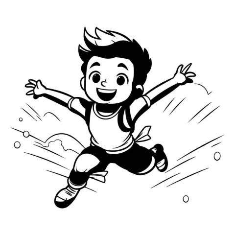 Black and White Cartoon Illustration of a Kid Jumping in the Air