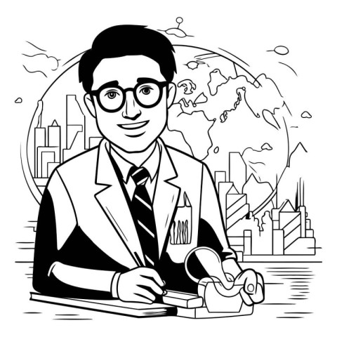 Vector illustration of a businessman with a typewriter in the ci