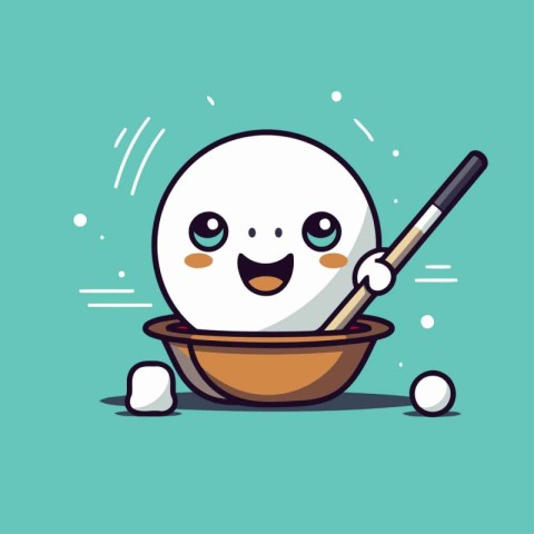 Cute cartoon golf ball with stick in bowl. Vector illustration.