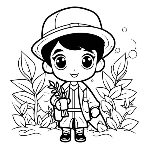 Black and White Cartoon Illustration of Cute Little Boy Wearing